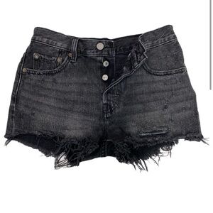 Levis 501 button fly big E black distressed jean shorts